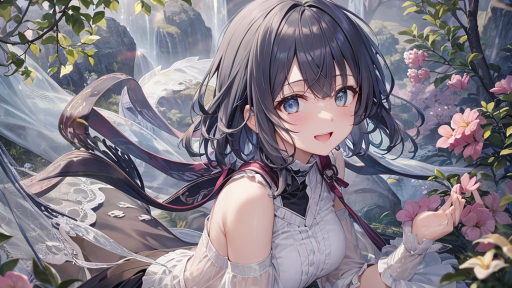 Her eyes were shining、Mysterious and enchanting atmosphere。With AI Painting、とてもShort Hair, Long bangs between the eyes, Grey Eyes , Very detailed,(masterpiece、highest quality)、alone、Gray Hair、Fantasy, Silver Hair, Beautiful Eyes,Ecstasy, charm, attract the audience, Fantasyな風景、White shirt、smile、Open your mouth、Scarf、short hair、Short Hair、hairpin、Dark Eyes