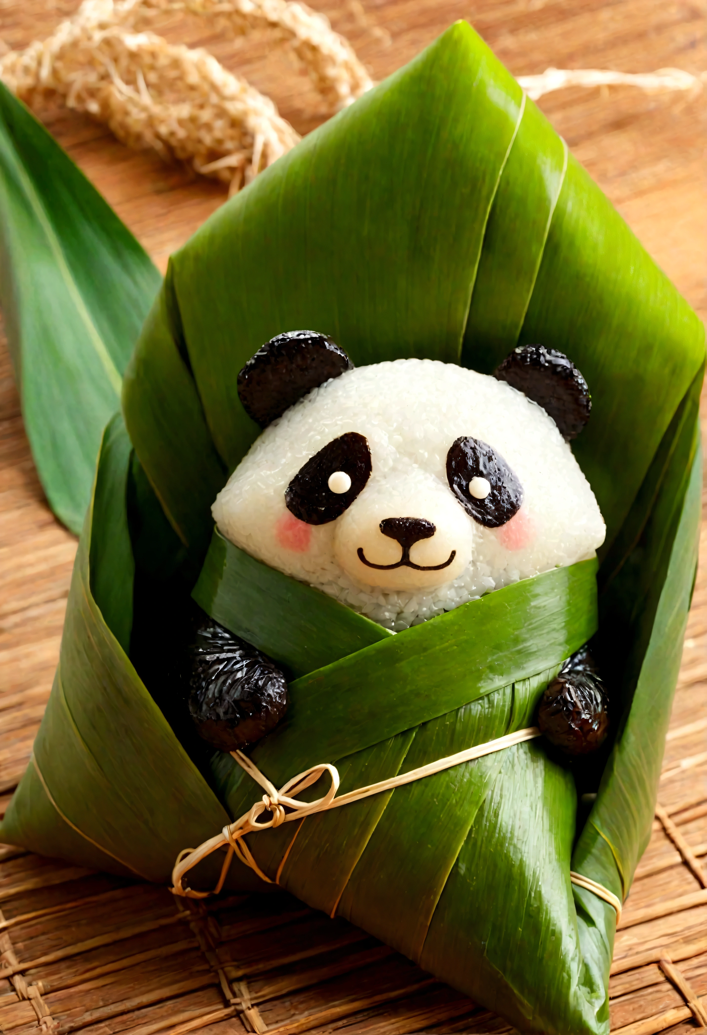 A panda-shaped zongzi, made of glutinous rice, has a cute expression, the lower half of the body is wrapped in tapered leaves, the head sticking out of the leaves, equidistant, cartoon-style, Macro Lens, studio light, nature, soft lighting, film grain, cowboy shot, epiCPhoto