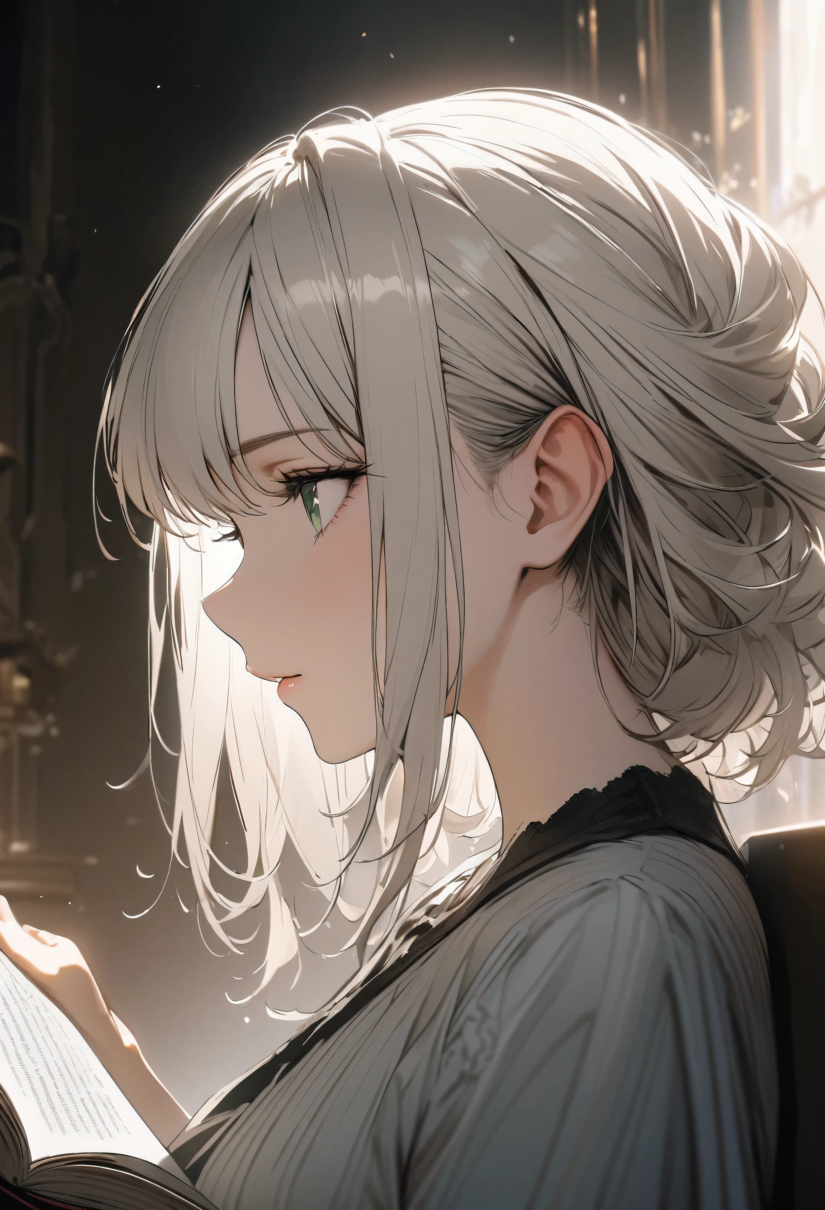 best quality, super fine, 16k, incredibly absurdres, extremely detailed, 2.5D, delicate and dynamic, profile of beautiful woman reading book, hair tucked behind ears, ivory hair, green eyes, portrait