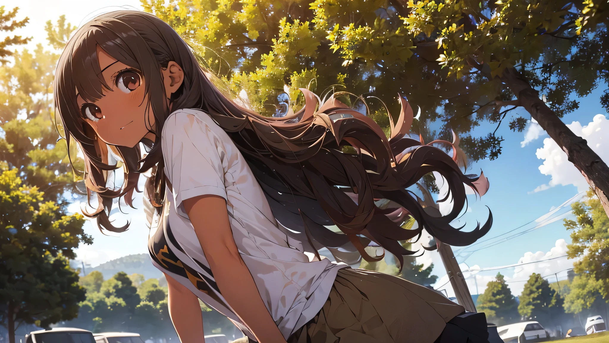best god quality, Ultra-detailed, perfect Anatomy, (Draw a sweet tanned skinned girl), 1girl, is a excited beautiful tan girl, in casual skirt and shirt, dark skin girl, tanline skin, (dark skin*2), (brown hair + wavy hair*1.2), Full limbs, complete fingers, groin, Beautiful gold eyes, well-proportioned tan girl, tender eyes, casual clothing, in a camp ground, High resolution, Best lighting by professional AI, camp grounds, forest, looking at viewer, (((One girl in middle))), (((SOLO))), (camp ground in background)