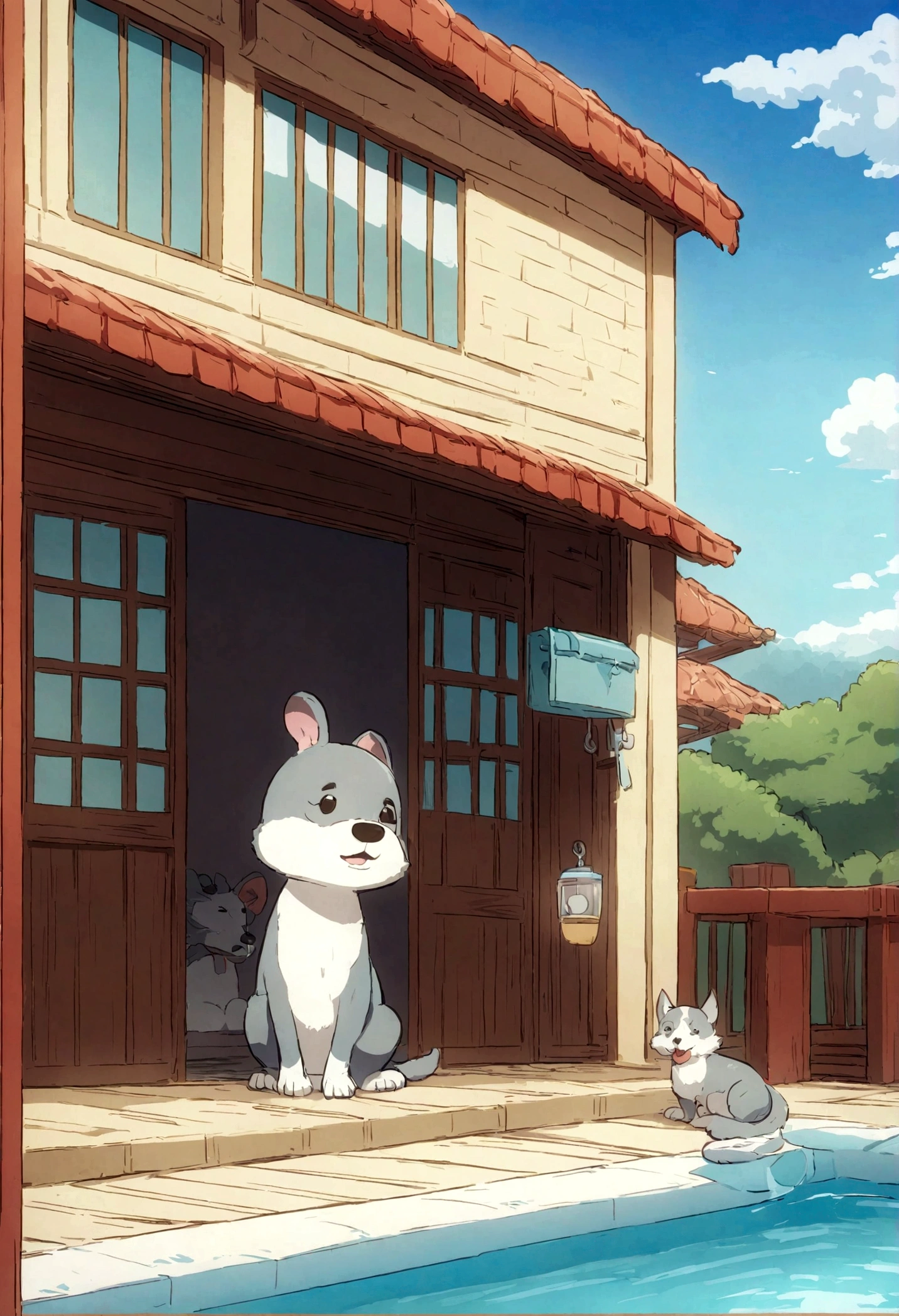 um cachorro,cachorro samoiedo,jardim,Bathing in the morning sun,respirando ar fresco,Refreshing scenery,Japanese animated style,cores suaves,pose natural