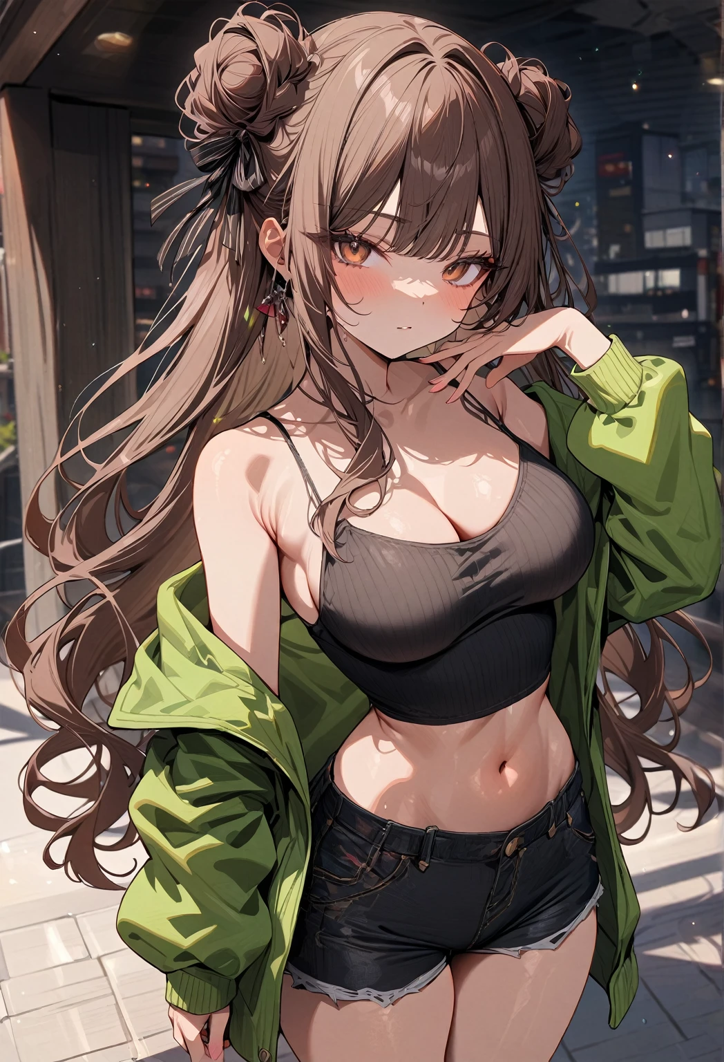 (best quality, very aesthetic, newest, masterpiece:1.2), looking at viewer, pose, solo, 1girl, (medium big breasts:1.2), tight bust, big thighs, short torso, flushtered, casual, (innocent face, cute, slim), nice hips, nice body, brown hair, (long flowing hair) , twin buns hairstyle, long bangs, long hair, middle hair bangs, brown eyes, full body, ((black string tanktop:1.2), tummy skin, off shoulder open green hoodie, shorts)