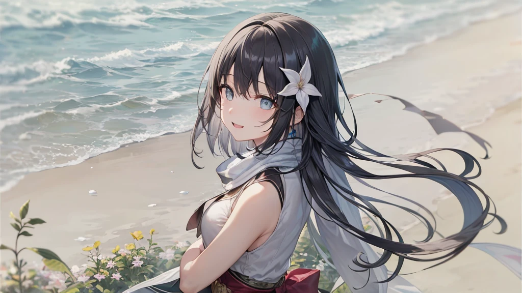 Her eyes were shining、Mysterious and enchanting atmosphere。With AI Painting、とてもShort Hair, Long bangs between the eyes, Grey Eyes , Very detailed,(masterpiece、highest quality)、alone、Gray Hair、Fantasy, Silver Hair, Beautiful Eyes,Ecstasy, charm, attract the audience, Fantasyな風景、White shirt、smile、Open your mouth、Scarf、short hair、Short Hair、hairpin、Dark Eyes