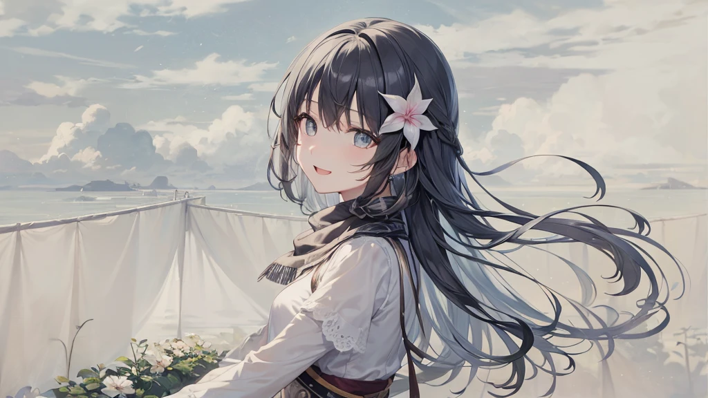 Her eyes were shining、Mysterious and enchanting atmosphere。With AI Painting、とてもShort Hair, Long bangs between the eyes, Grey Eyes , Very detailed,(masterpiece、highest quality)、alone、Gray Hair、Fantasy, Silver Hair, Beautiful Eyes,Ecstasy, charm, attract the audience, Fantasyな風景、White shirt、smile、Open your mouth、Scarf、short hair、Short Hair、hairpin、Dark Eyes