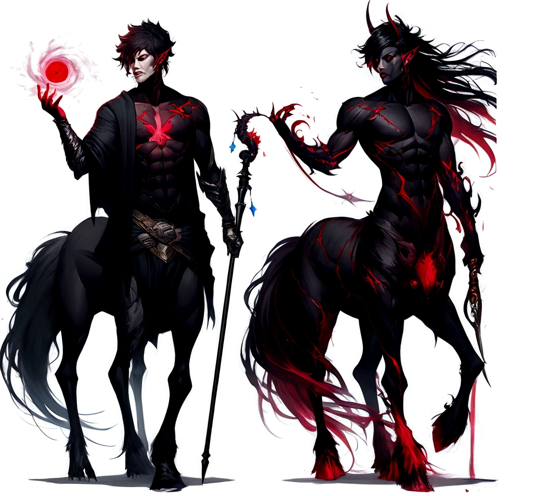 personagem de anime com olhos vermelhos e um cavalo preto, artgerm e genzoman, quimera centauro centauro masculino, design de personagens de fantasia sombria, cavaleiros do apocalipse, human and dragon fusion, Epic fantasy art style, com olhos vermelhos brilhantes, d&d arte do personagem sol escuro, arte conceitual escura de alto contraste, human male demon, anime em estilo fantasia trocar cajado por espada