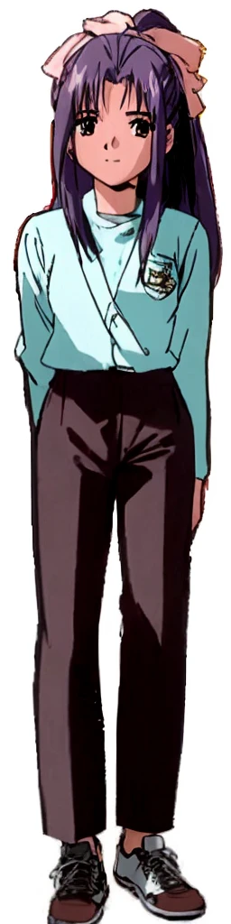 The tall and stylish Momoko Koigakubo is standing with a smile on her face in a light blue outfit and brown long pants.。