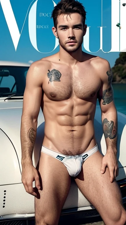 Liam Payne hot with sunglasses and Tattoos hairy body and pubic male model, Vogue magazine cover, shirtless oily full body and face, , tight underwear, pierce ears, sexy and hairy pubic, (Vogue magazine cover:1.4), best quality, masterpiece, very aesthetic, perfect composition, intricate details, ultra-detailed