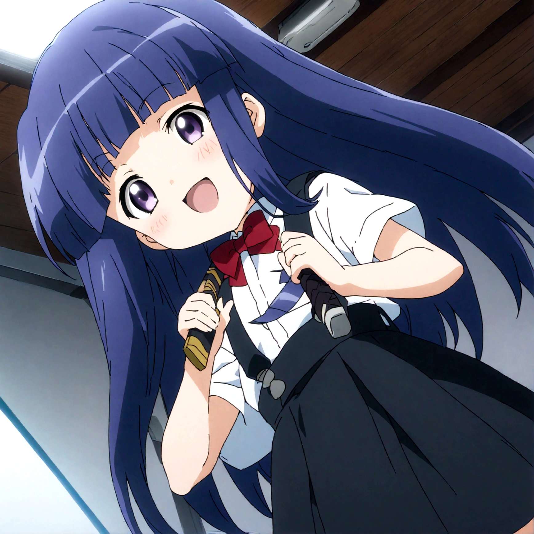 score_9,score_8, score_8_up, BREAK  facing viewer,top angle,1girl, solo, furude rika, (tween), kawaii, blue hair, purple eyes, long hair, blunt bangs, bangs,, bow, skirt, shirt, suspenders, smile, short sleeves, pleated skirt, white shirt, open mouth, :d, red bow, ,^_^, suspender skirt, , black skirt, collared shirt, blush, bowtie, blunt bangs, dress shirt,masterpiece, best quality, source_anime,ceiling, ceiling light, great lighting, detailed shadows, detailed body, anime artwork,anime style, key visual, vibrant, studio anime, highly detailed, anime coloring,,fullbody,,weapon, katana, holding sword, ready to draw, sheathed, unsheathing, scabbard,close-up,,simple background, white background.