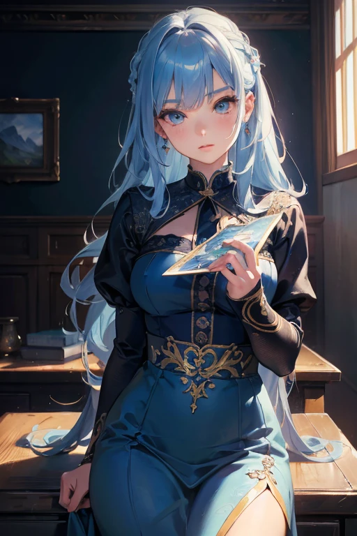 masterpiece, beautiful art, Professional artist, 8K, Art style:sciamano240, very detailed face, Detailed hair, 详细Clothes, fine fabric, 1 girl, perfectly drawn body, Pretty Face, long hair, light blue hair , Very detailed blue cat's eye, A big smile, Dressed as teacher'Clothes, Black over the knee boots, Black pencil skirt, Glasses, purse lips , Red face, school environment, blackboard, Model head , Zoom in on the face, Shows eye details, Take a closer look, looking at the audience,(((((Full breasts)))(((Cleavage))),(Huge teardrop chest, Huge cleavage:1.2)Perfect body))