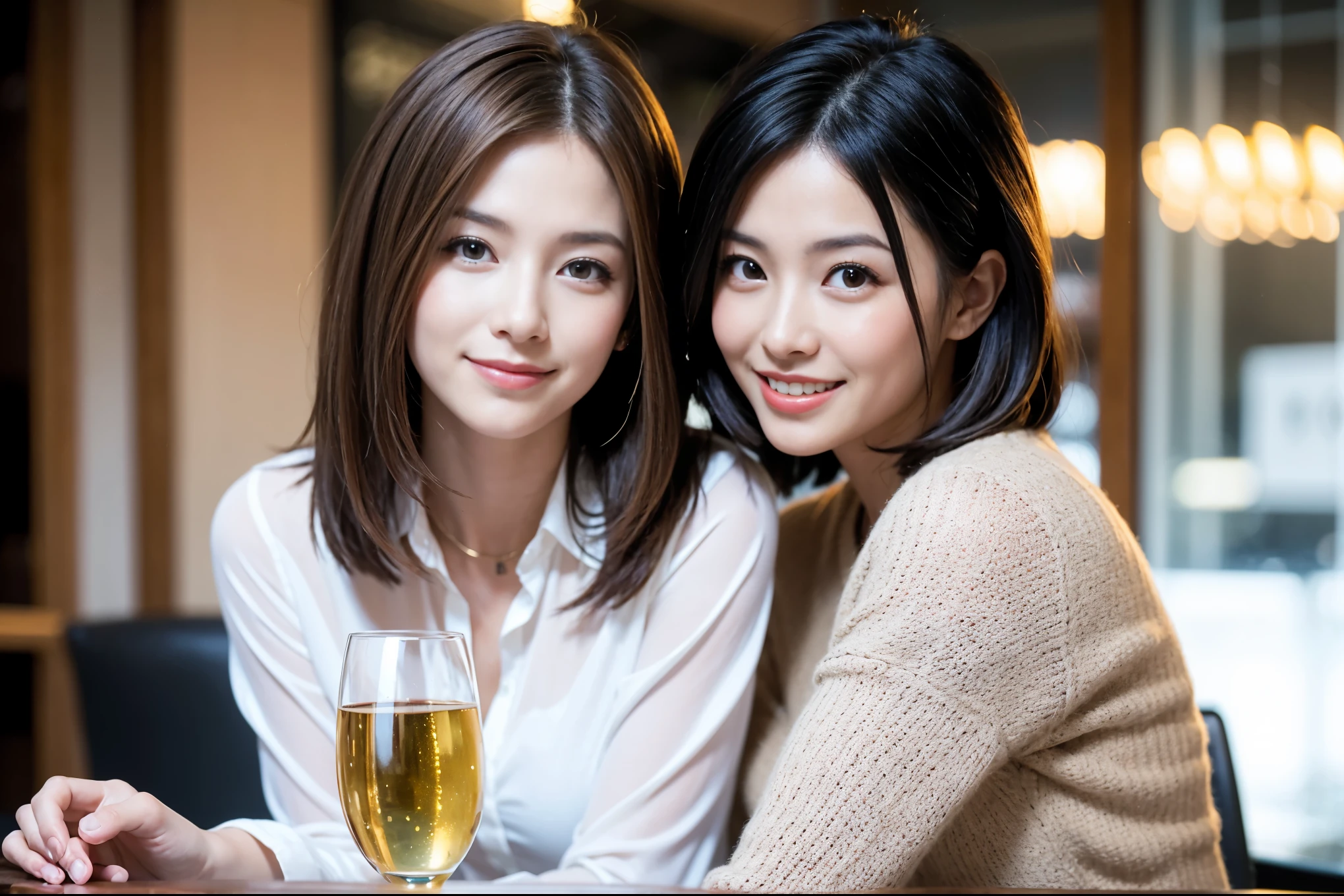 ((highest quality、8k、masterpiece:1.3))、1 male、1 female、Satomi Ishihara lookalike couple、Spouse、Couple、The body is slim、((Bob Hale、Straight hair:1.2)), (Realistic, Intricate details:1.2), Wine glass on the table、Shine light on your face、 Amazing view of the sunset sky and clouds、Amazing mountain views、A bright smile、The wonderfulness of smile、Bright image、The beauty of wine, Beautiful Face, blue eyes, The light shines on your face, Blushing, short hair,Bright Face、 (Age 37), 39 years old, red wine 、Appetizers、Italian food、Wine bottle、Champagne、sparkling wine、Two beauties、Brown Hair、Shortcuts、Long sleeve shirt、dress、Pretty Woman 1, (Slim face), (The body is slim), (Brown Hair), (Shortcuts), cheeks turn a little red,Attractive beauty、restaurant, In a prominent place (From the waist up) Nova Frog Style, actress, model, Upper Body, White wine, slim, wine glass, A wine glass placed in the center, smile, (smile: 1.15), Beautiful fine grain, Depth f/2,saturation, High Contrast, Strong light and shadow,Moist Body:1.5、3D texture、Delicate eyes、Brown Hair、The hair is very shiny、
