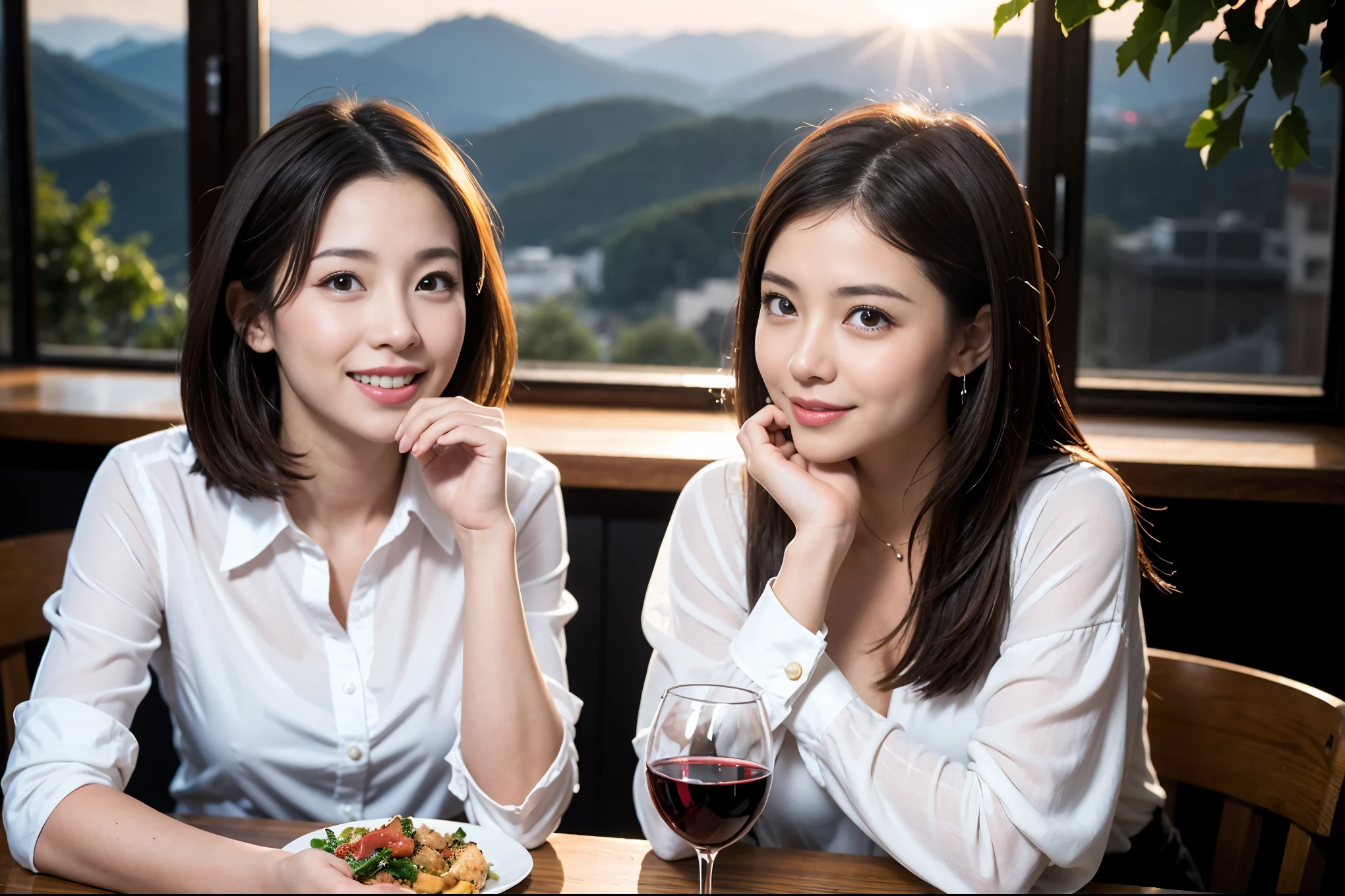((highest quality、8k、masterpiece:1.3))、1 male、1 female、Satomi Ishihara lookalike couple、Spouse、Couple、The body is slim、((Bob Hale、Straight hair:1.2)), (Realistic, Intricate details:1.2), Wine glass on the table、Shine light on your face、 Amazing view of the sunset sky and clouds、Amazing mountain views、A bright smile、The wonderfulness of smile、Bright image、The beauty of wine, Beautiful Face, blue eyes, The light shines on your face, Blushing, short hair,Bright Face、 (Age 37), 39 years old, red wine 、Appetizers、Italian food、Wine bottle、Champagne、sparkling wine、Two beauties、Brown Hair、Shortcuts、Long sleeve shirt、dress、Pretty Woman 1, (Slim face), (The body is slim), (Brown Hair), (Shortcuts), cheeks turn a little red,Attractive beauty、restaurant, In a prominent place (From the waist up) Nova Frog Style, actress, model, Upper Body, White wine, slim, wine glass, A wine glass placed in the center, smile, (smile: 1.15), Beautiful fine grain, Depth f/2,saturation, High Contrast, Strong light and shadow,Moist Body:1.5、3D texture、Delicate eyes、Brown Hair、The hair is very shiny、