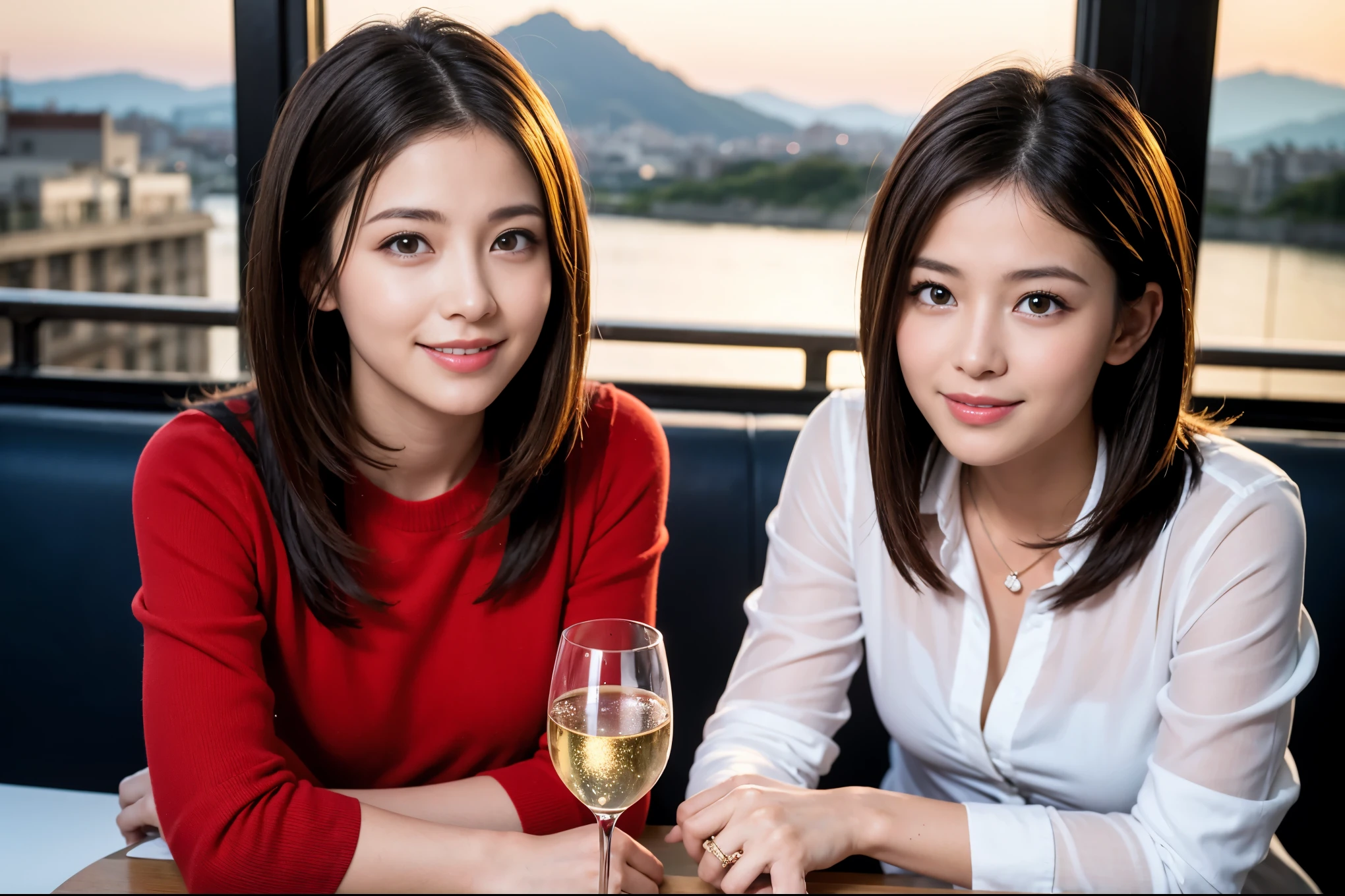 ((highest quality、8k、masterpiece:1.3))、1 male、1 female、Satomi Ishihara lookalike couple、Spouse、Couple、The body is slim、((Bob Hale、Straight hair:1.2)), (Realistic, Intricate details:1.2), Wine glass on the table、Shine light on your face、 Amazing view of the sunset sky and clouds、Amazing mountain views、A bright smile、The wonderfulness of smile、Bright image、The beauty of wine, Beautiful Face, blue eyes, The light shines on your face, Blushing, short hair,Bright Face、 (Age 37), 39 years old, red wine 、Appetizers、Italian food、Wine bottle、Champagne、sparkling wine、Two beauties、Brown Hair、Shortcuts、Long sleeve shirt、dress、Pretty Woman 1, (Slim face), (The body is slim), (Brown Hair), (Shortcuts), cheeks turn a little red,Attractive beauty、restaurant, In a prominent place (From the waist up) Nova Frog Style, actress, model, Upper Body, White wine, slim, wine glass, A wine glass placed in the center, smile, (smile: 1.15), Beautiful fine grain, Depth f/2,saturation, High Contrast, Strong light and shadow,Moist Body:1.5、3D texture、Delicate eyes、Brown Hair、The hair is very shiny、