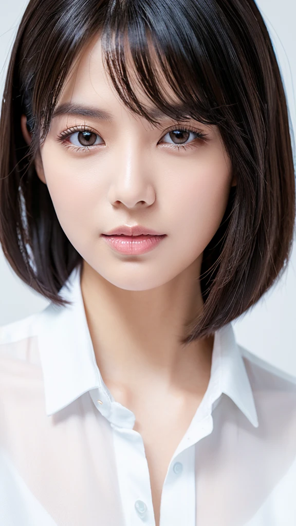 Bob black hair、White Shirt、Brown eyes