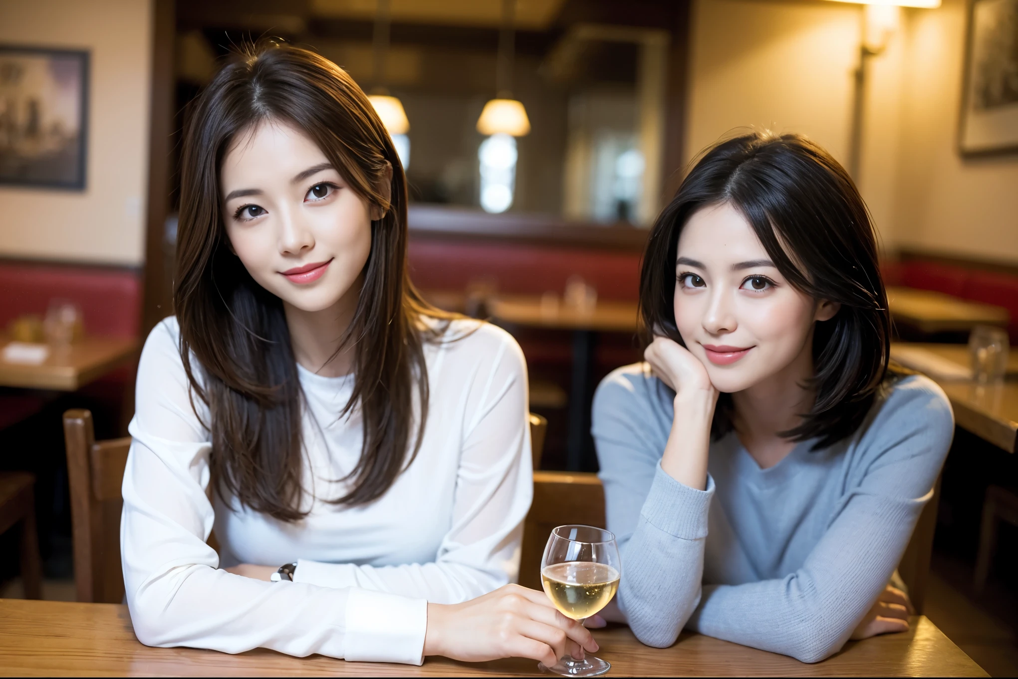 ((highest quality、8k、masterpiece:1.3))、1 male、1 female、Satomi Ishihara lookalike couple、Spouse、Couple、The body is slim、((Bob Hale、Straight hair:1.2)), (Realistic, Intricate details:1.2), Wine glass on the table、Shine light on your face、 Amazing view of the sunset sky and clouds、Amazing mountain views、A bright smile、The wonderfulness of smile、Bright image、The beauty of wine, Beautiful Face, blue eyes, The light shines on your face, Blushing, short hair,Bright Face、 (Age 37), 39 years old, red wine 、Appetizers、Italian food、Wine bottle、Champagne、sparkling wine、Two beauties、Brown Hair、Shortcuts、Long sleeve shirt、dress、Pretty Woman 1, (Slim face), (The body is slim), (Brown Hair), (Shortcuts), cheeks turn a little red,Attractive beauty、restaurant, In a prominent place (From the waist up) Nova Frog Style, actress, model, Upper Body, White wine, slim, wine glass, A wine glass placed in the center, smile, (smile: 1.15), Beautiful fine grain, Depth f/2,saturation, High Contrast, Strong light and shadow,Moist Body:1.5、3D texture、Delicate eyes、Brown Hair、The hair is very shiny、