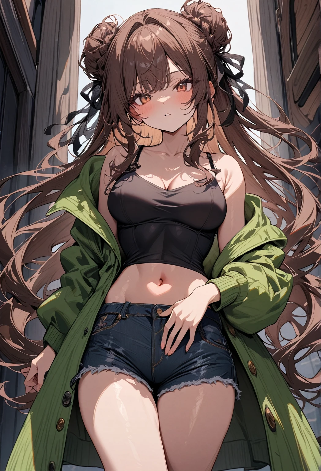 (best quality, very aesthetic, newest, masterpiece:1.2), looking at viewer, pose, solo, 1girl, (medium big breasts:1.2), tight bust, big thighs, short torso, flushtered, casual, (innocent face, cute, slim), nice hips, nice body, brown hair, (long flowing hair) , twin buns hairstyle, long bangs, long hair, middle hair bangs, brown eyes, full body, ((black string tanktop:1.2), tummy skin, off shoulder open green hoodie, shorts)