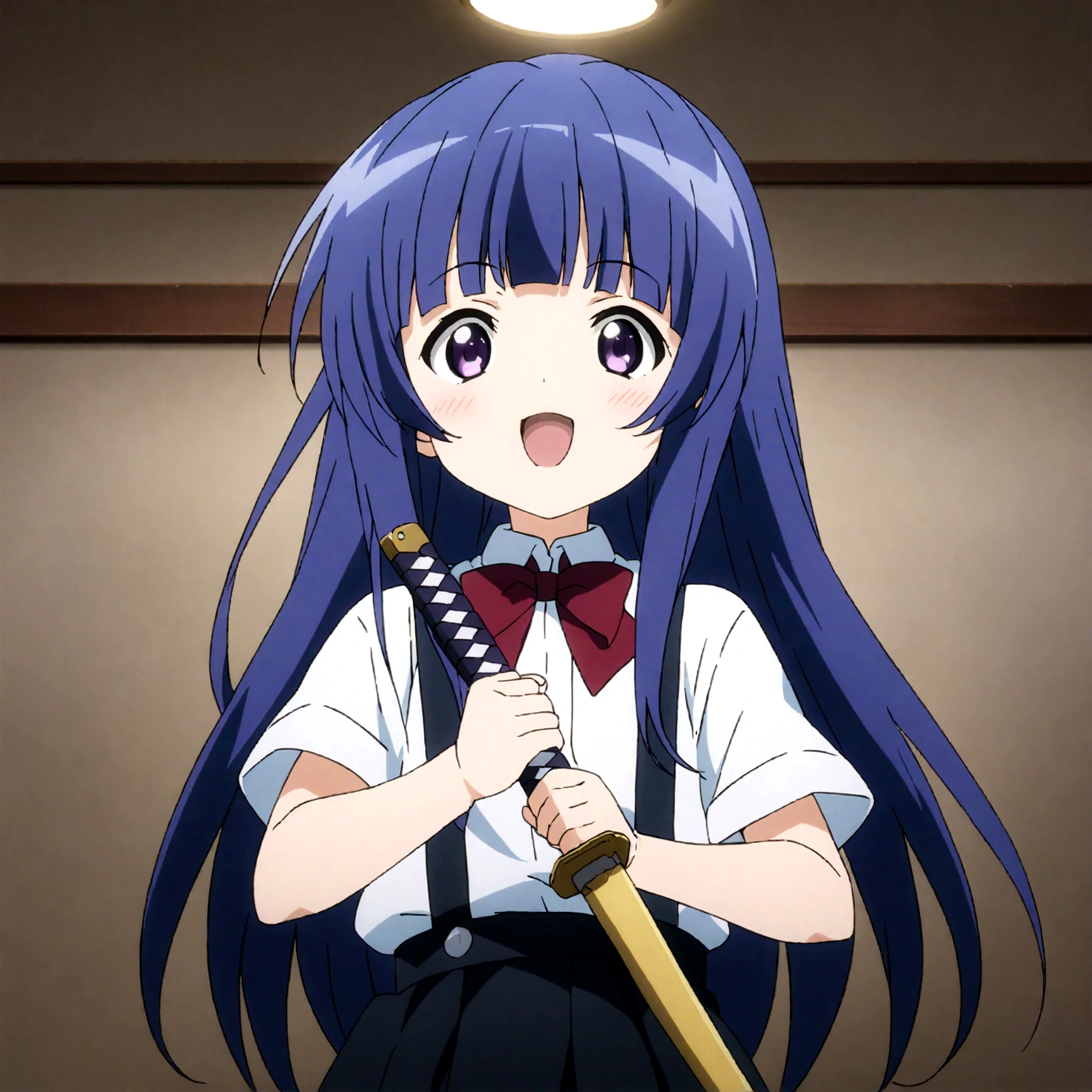 score_9,score_8, score_8_up, BREAK facing viewer,1girl, solo, furude rika, (tween), kawaii, blue hair, purple eyes, long hair, blunt bangs, bangs,, bow, skirt, shirt, suspenders, smile, short sleeves, pleated skirt, white shirt, open mouth, :d, red bow, ,^_^, suspender skirt, , black skirt, collared shirt, blush, bowtie, blunt bangs, dress shirt,masterpiece, best quality, source_anime,ceiling, ceiling light, great lighting, detailed shadows, detailed body, anime artwork,anime style, key visual, vibrant, studio anime, highly detailed, anime coloring,,fullbody,,weapon, katana, holding sword, ready to draw, sheathed, unsheathing, scabbard,close-up,,simple background, white background.