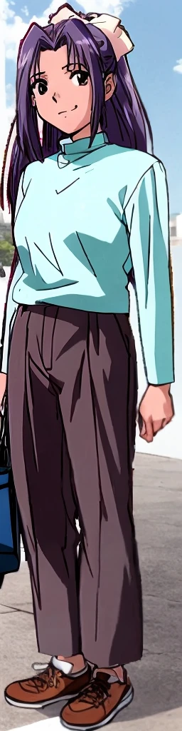 The tall and stylish Momoko Koigakubo is standing with a smile on her face in a light blue outfit and brown long pants.。