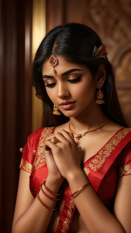 (high quality, masterpiece, HDR, 256K), (hyper-realistic, photorealism) 20 year old extremely beautiful Tamil girl, (intricate detailed extremely beautiful face, eyes, ears, nose, lips, textured skin), eyes symmetry, (lips closed tightly). Full Body holding wrist. Red Silk Saree and red blouse. Lifts both her hands. Straight View.