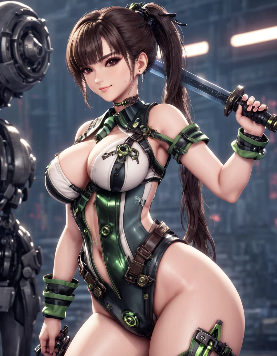Eve, Stellar Blade, , Thick thighs, Curvy, One girl,alone,Heavy makeup,cute,Earrings,Ring Blade,(Naughty smile:1.1),Holding a long mechanical sword,ponytail,Idol,,uniform,(battlefield:1.1), Show me your back, Big , 