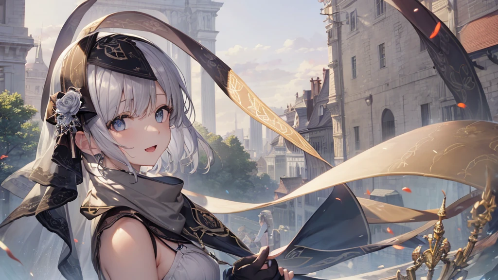 Her eyes were shining、Mysterious and enchanting atmosphere。With AI Painting、とてもShort Hair, Long bangs between the eyes, Grey Eyes , Very detailed,(masterpiece、highest quality)、alone、Gray Hair、Fantasy, Silver Hair, Beautiful Eyes,Ecstasy, charm, attract the audience, Fantasyな風景、White shirt、smile、Open your mouth、Scarf、short hair、Short Hair、hairpin、Dark Eyes