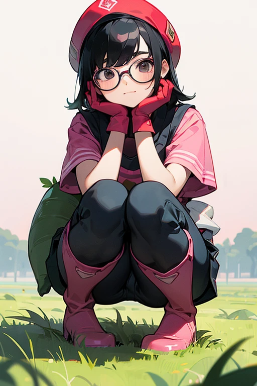 A black-haired, glasses-wearing elementary school girl wearing a short-sleeved horizontal striped shirt, shorts and jeans, oversized pink rubber gloves and white rubber boots, squatting in a field and holding a radish, wearing a red gym cap