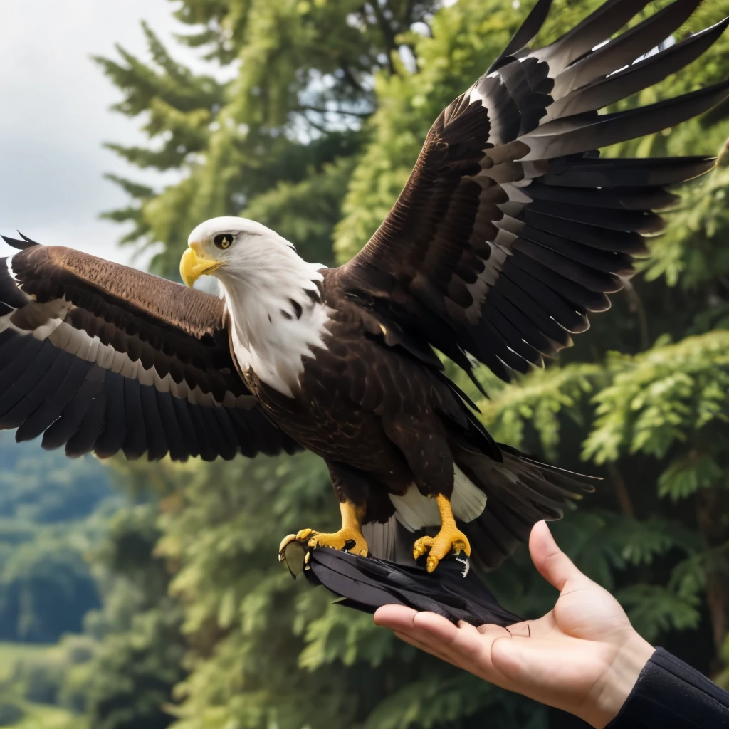 an eagle flying, araffe bird of prey on a girl's hand with a glove, a portrait by Dietmar Damerau, pixabay, hurufiyya, with the beak of an eagle, an eagle, an eagle flying, eagle, hawk wings, talons, his arms spread. ready to fly, eagles, huge feathery wings, with real wings