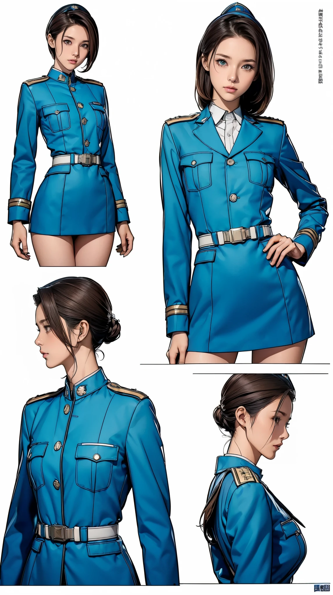 ((masterpiece)),(((highest quality))),((Reference Sheet, Character Design, front, return, ~ ~ side, Mr..々Hairstyle, Mr..々Performance, Facial Expressions)), , Cute type, (Very slim:1.4), (Very small ass:1.4), Realistic buttocks, Big Breasts, Short Bob, Thin thighs, Long legs, It's not a big deal,(A female Earth Federation officer is walking), (Wearing Earth Federation military uniform, White and blue military uniform),(Worn by federal government employees'White Hat:1.5)