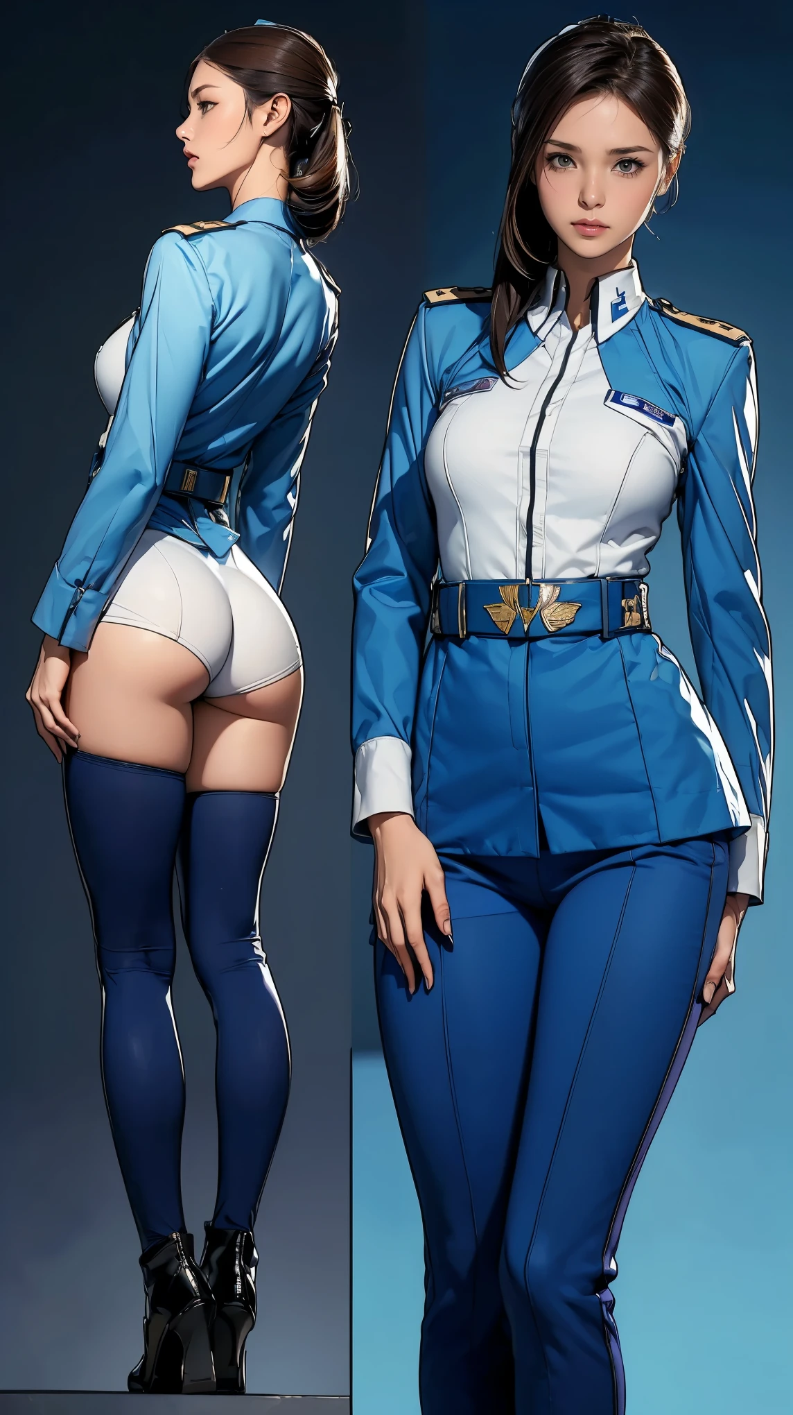 ((masterpiece)),(((highest quality))),((Reference Sheet, Character Design, front, return, ~ ~ side, Mr..々Hairstyle, Mr..々Performance, Facial Expressions)), 14-year-old girl, Cute type, (Very slim:1.4), (Very small ass:1.4), Realistic buttocks, Big Breasts, Short Bob, Thin thighs, Long legs, It's not a big deal,(A female Earth Federation officer is walking), (Wearing Earth Federation military uniform, White and blue military uniform),(Worn by federal government employees'White Hat:1.5)