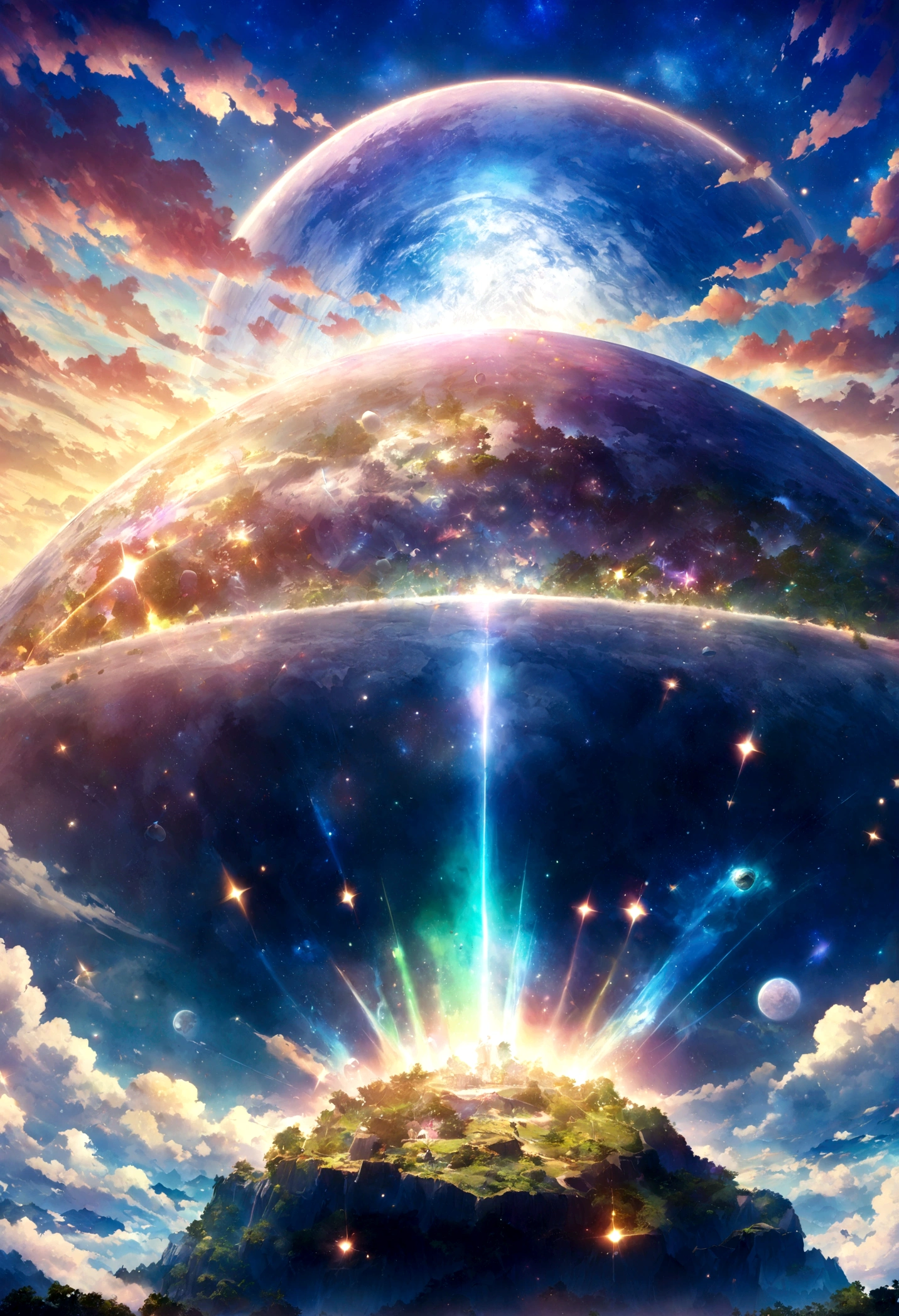 anime style scene,Beautiful sky,there is a moon, Universe sky. author:Shinkai Makoto, Anime Art Wallpaper 4K, Anime Art Wallpaper 4K, anime art wallpaper 8 k, anime wallpaper 4k, Anime Wallpaper 4K, 4k anime wallpaper, Anime sky, Amazing wallpapers, Anime Background, Paradise planet in the background, Anime Background art