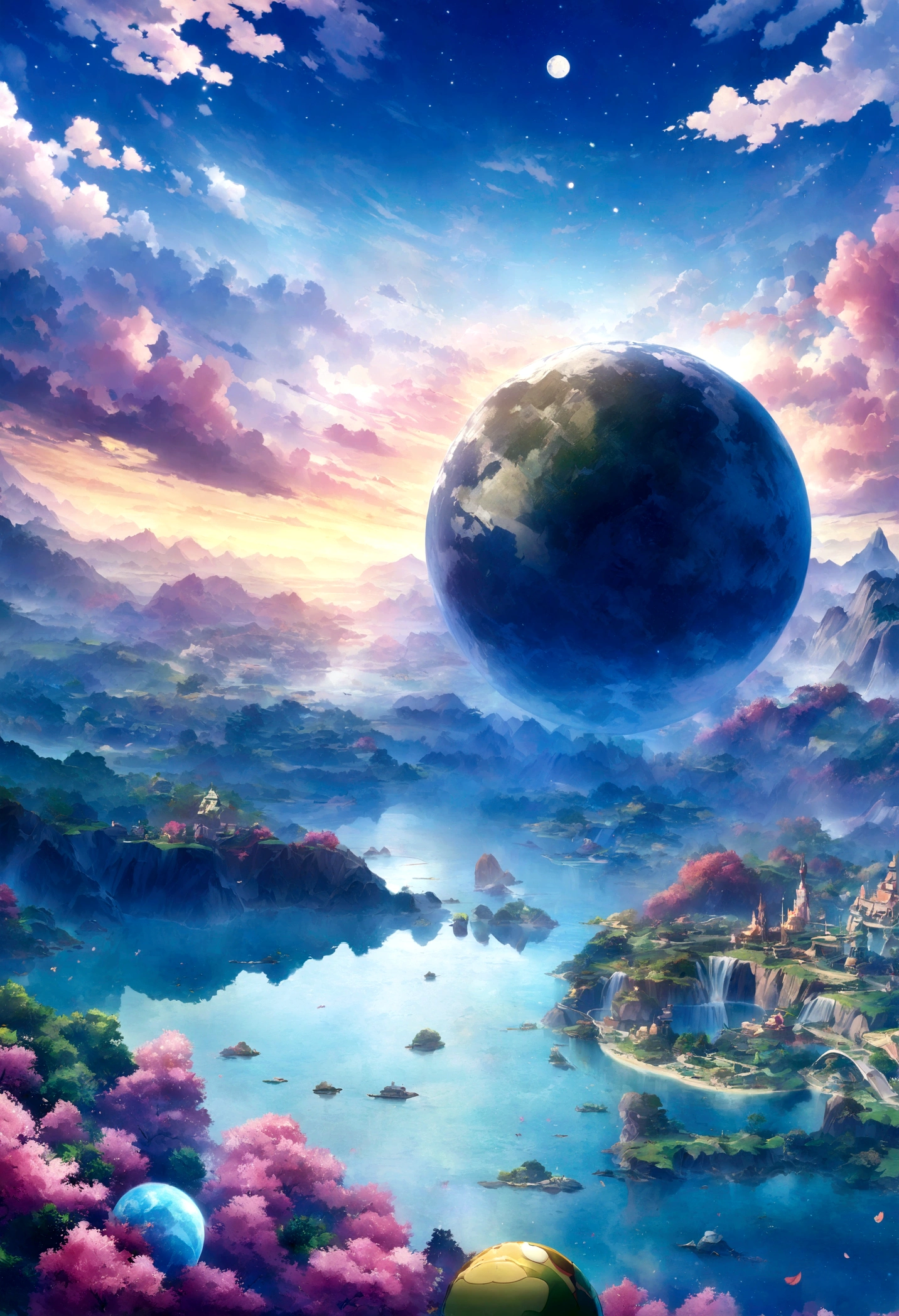 anime style scene,Beautiful sky,there is a moon, Universe sky. author:Shinkai Makoto, Anime Art Wallpaper 4K, Anime Art Wallpaper 4K, anime art wallpaper 8 k, anime wallpaper 4k, Anime Wallpaper 4K, 4k anime wallpaper, Anime sky, Amazing wallpapers, Anime Background, Paradise planet in the background, Anime Background art