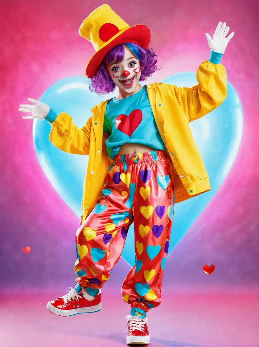 1girl，solo，clown，Grinning，big eyes，sparkling，fit，Wearing chaotic and brightly colored clothing，Wearing a fancy hat with a heart symbol，Baggy pants，Wearing an oversized pair of shoes，Vivid expression of excitement，Open your arms，(Children&#39;s crayon-drawn playground background)，full-body shot，Cartoon Style，Created with C4D and Blender，precise，Blind box toy style，Super Detail，Anatomically correct，masterpiece