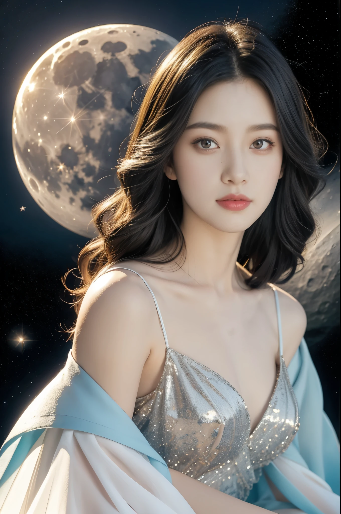 Close-up of a girl,gorgeous dress,sitting,on the moon,detailed background of the moon,Moon Goddess,Beautiful Celestial Mage,Goodness of Heaven, Celestial Fairy,very Beautiful fantasy art,8k high quality detailed art,medium straight bob hair,slim,thin,flat chest,small breasts,best quality,masterpiece,upper body,starry sky,night scene