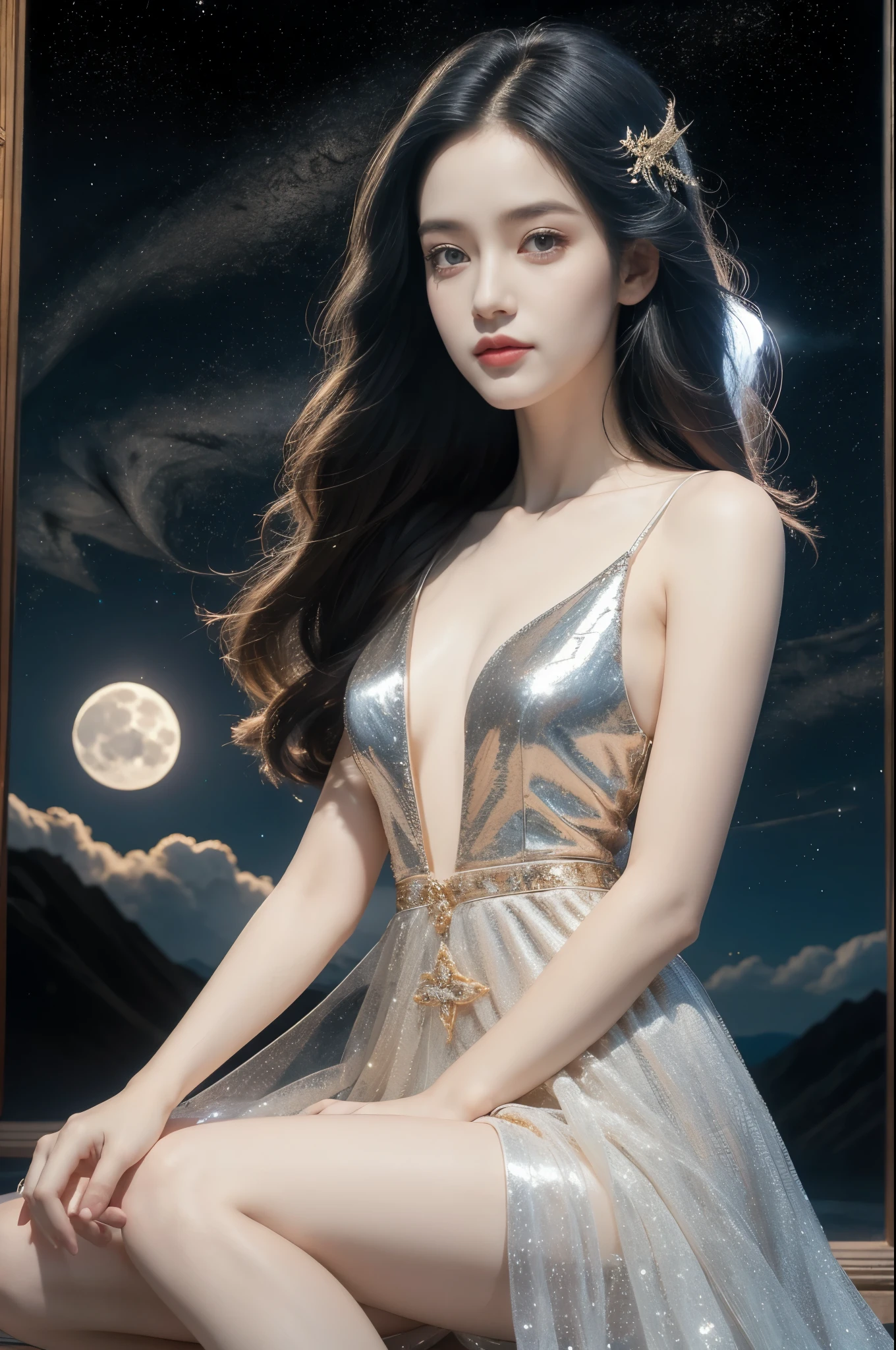 Close-up of a girl,gorgeous dress,sitting,on the moon,detailed background of the moon,Moon Goddess,Beautiful Celestial Mage,Goodness of Heaven, Celestial Fairy,very Beautiful fantasy art,8k high quality detailed art,medium straight bob hair,slim,thin,flat chest,small breasts,best quality,masterpiece,upper body,starry sky,night scene