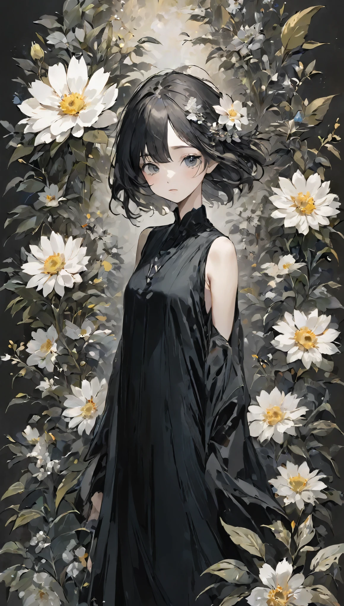 Beautiful woman、flower arrangement、Wabi-sabi art、Super detailed_face_Eye、非常に詳細なface、Black dress、White、grey、Black tones、parchment、抽象的flower arrangement、Three big flowers、surreal art、Silence、wallpaper、highest quality、Masterpiece、High resolution、8k