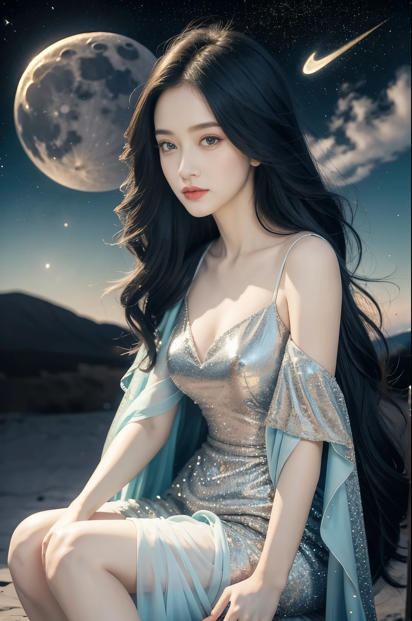 Close-up of a girl,gorgeous dress,sitting,on the moon,detailed background of the moon,Moon Goddess,Beautiful Celestial Mage,Goodness of Heaven, Celestial Fairy,very Beautiful fantasy art,8k high quality detailed art,medium straight bob hair,slim,thin,flat chest,small breasts,best quality,masterpiece,upper body,starry sky,night scene