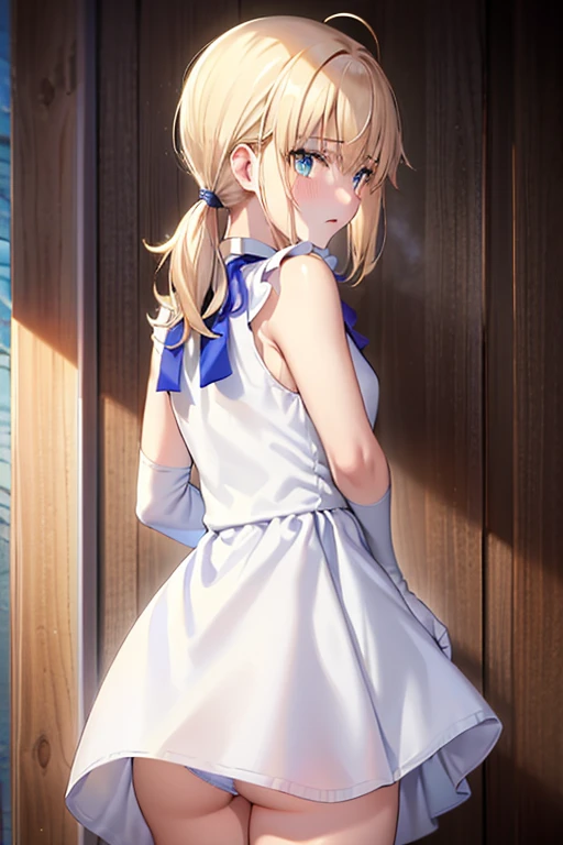 highest quality, Tabletop,Things to know, Not enough, One Girl, blush、Shame face、Glare、gloves, Elbow Groove, choker, (((White mini dress:1.3)))、Thighs, Official Alternative Costumes, chest, clavicle, ponytail, 白いgloves, chestの谷間, Exposing shoulders, short hair, Parody, 青いchoker, Hair 弓, Blue Ribbon,((( Skirt lifted、Cute Panties)))、Backwards、look back、Butt