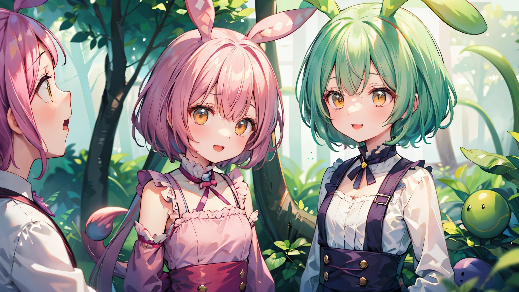 beautiful girl,Yellow-green hair,Beaver、short hair、Gentle droopy eyes,A calm and kind face,Big smile、An innocent smile