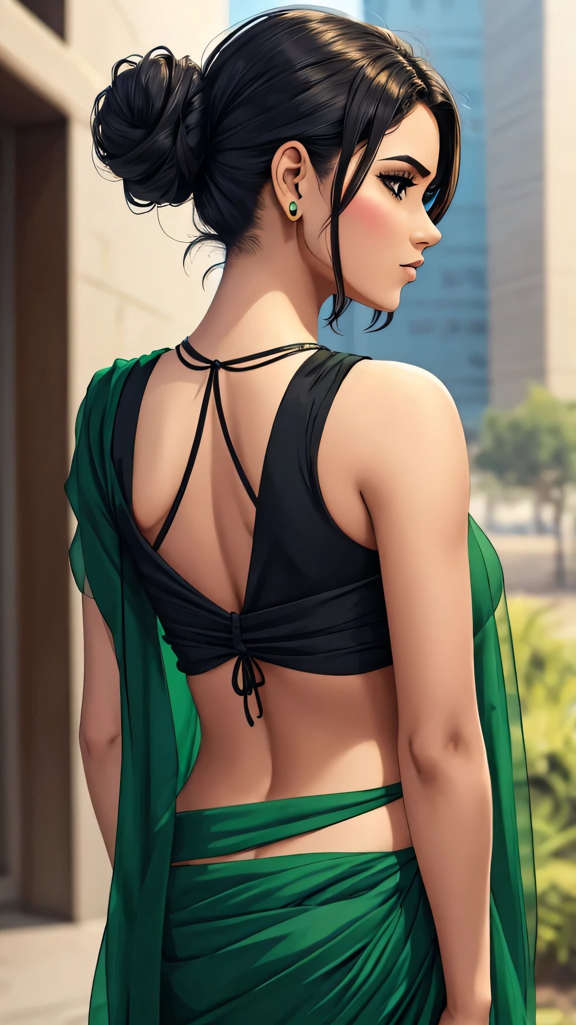 Beautiful women, black blows, green saree, messy tied short hair bun, walking, back angel shot