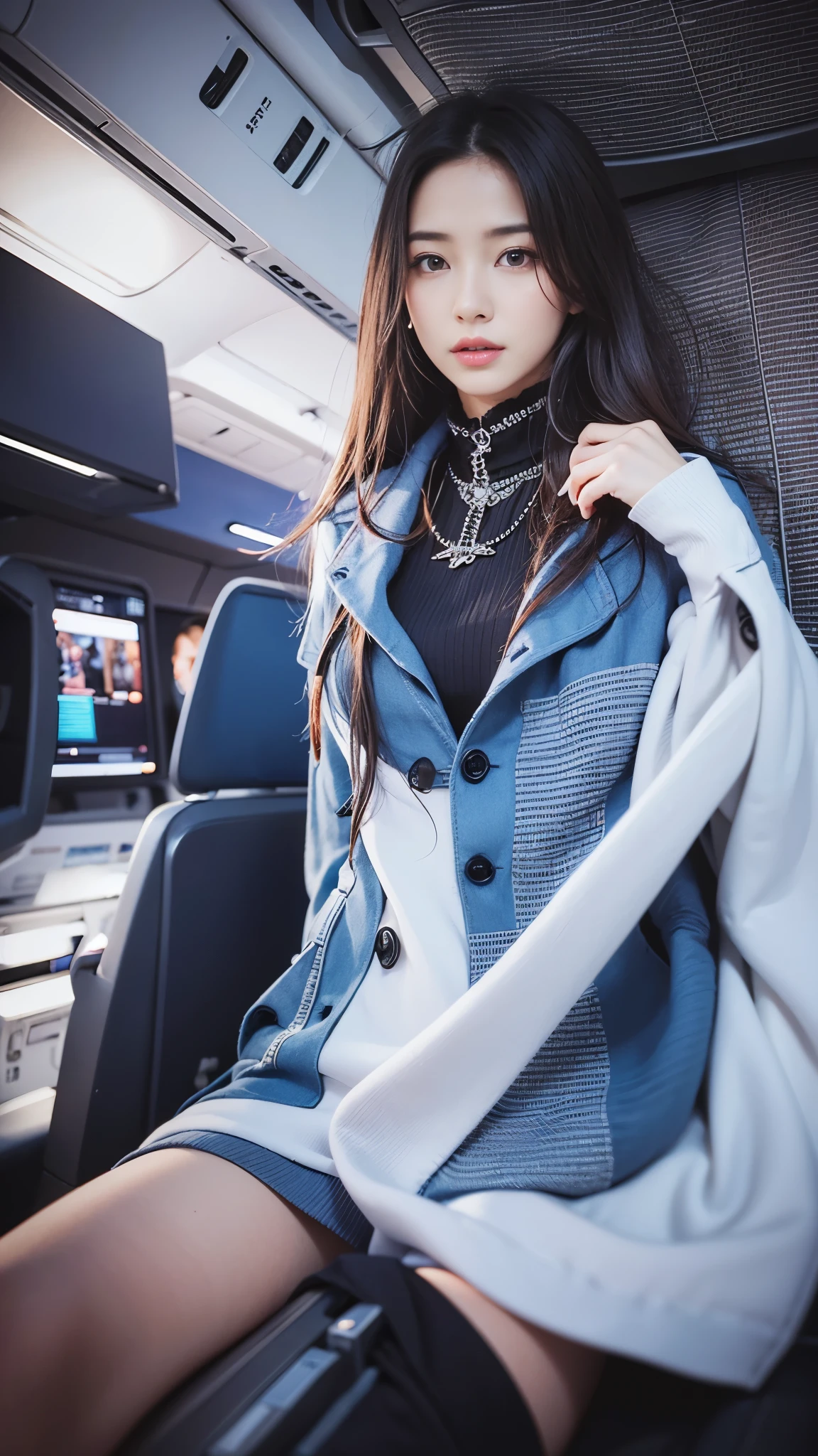 Top Quality, Masterpiece, 8K, Ultra High Definition, (Photorealistic: 1.4), 1 Girl, Beautiful Face, Symmetrical Eyes, Big, Perfect Body Proportions, Stewardess Uniform, Viewer's Look, (Inside the Airplane: 1.2), Front View, Shoulder Jump, Absolute Area (1.3),