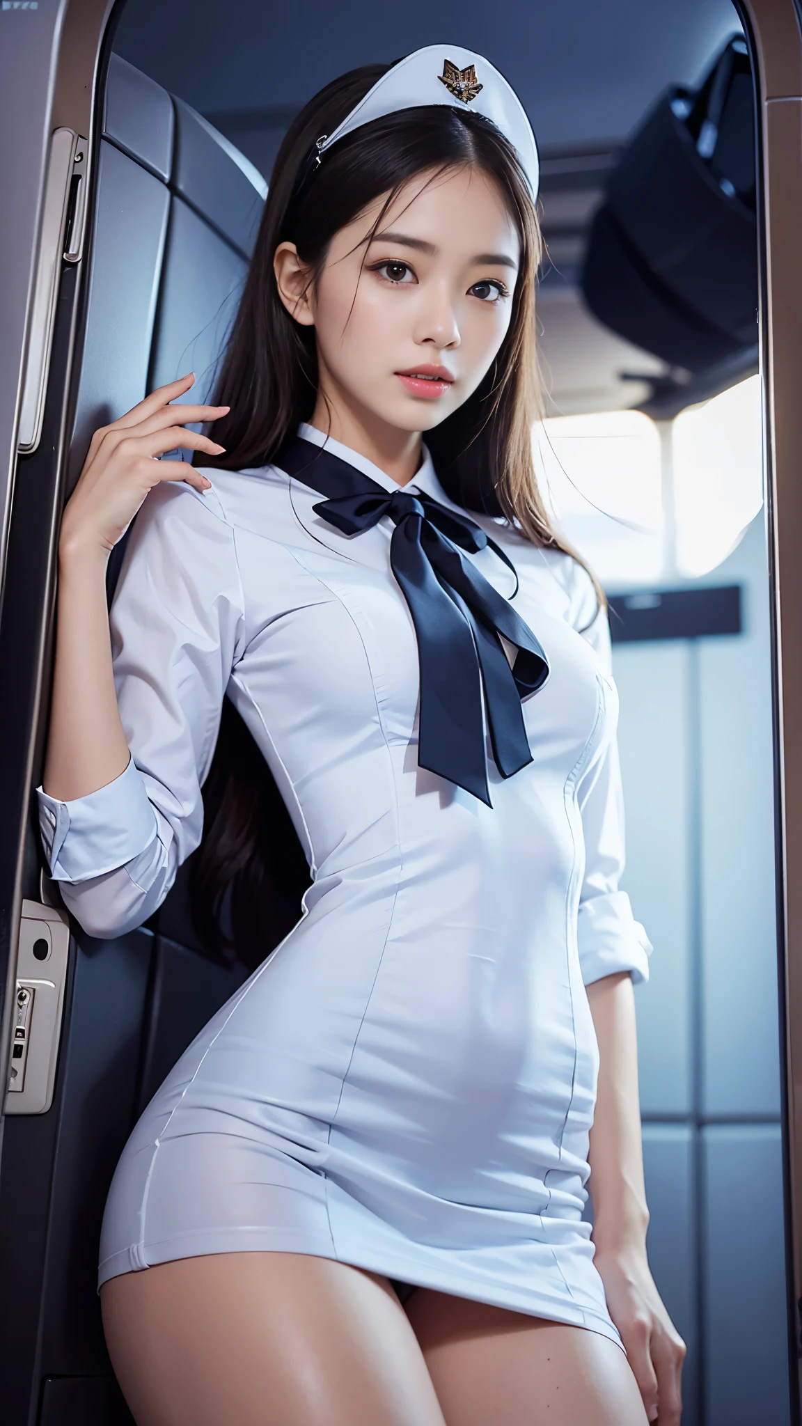 Top Quality, Masterpiece, 8K, Ultra High Definition, (Photorealistic: 1.4), 1 Girl, Beautiful Face, Symmetrical Eyes, Big, Perfect Body Proportions, Stewardess Uniform, Viewer's Look, (Inside the Airplane: 1.2), Front View, Shoulder Jump, Absolute Area (1.3),
