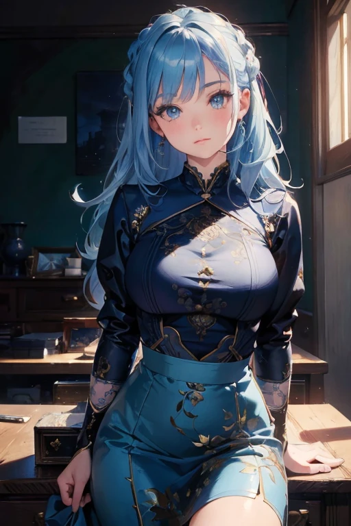 masterpiece, beautiful art, Professional artist, 8K, Art style：sciamano240, very detailed face, Detailed hair, 详细Clothes, fine fabric, 1 girl, perfectly drawn body, Pretty Face, long hair, light blue hair , Very detailed blue cat&#39;s eye, A big smile, Dressed as teacher&#39;Clothes, Black over the knee boots, Black pencil skirt, Glasses, purse lips , Red face, school environment, blackboard, Model head , Zoom in on the face, Shows eye details, Take a closer look, looking at the audience,（（(((Full breasts)))(((Cleavage))),(Huge teardrop chest, Huge cleavage:1.2)Perfect body））
