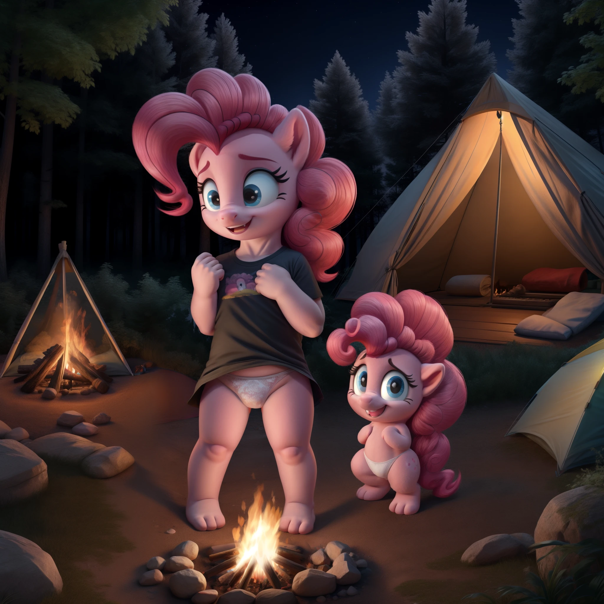 pinkie pie, toddler girl, skirt lifted, white panties, black t-shirt, forest, night, campfire, tent on the background