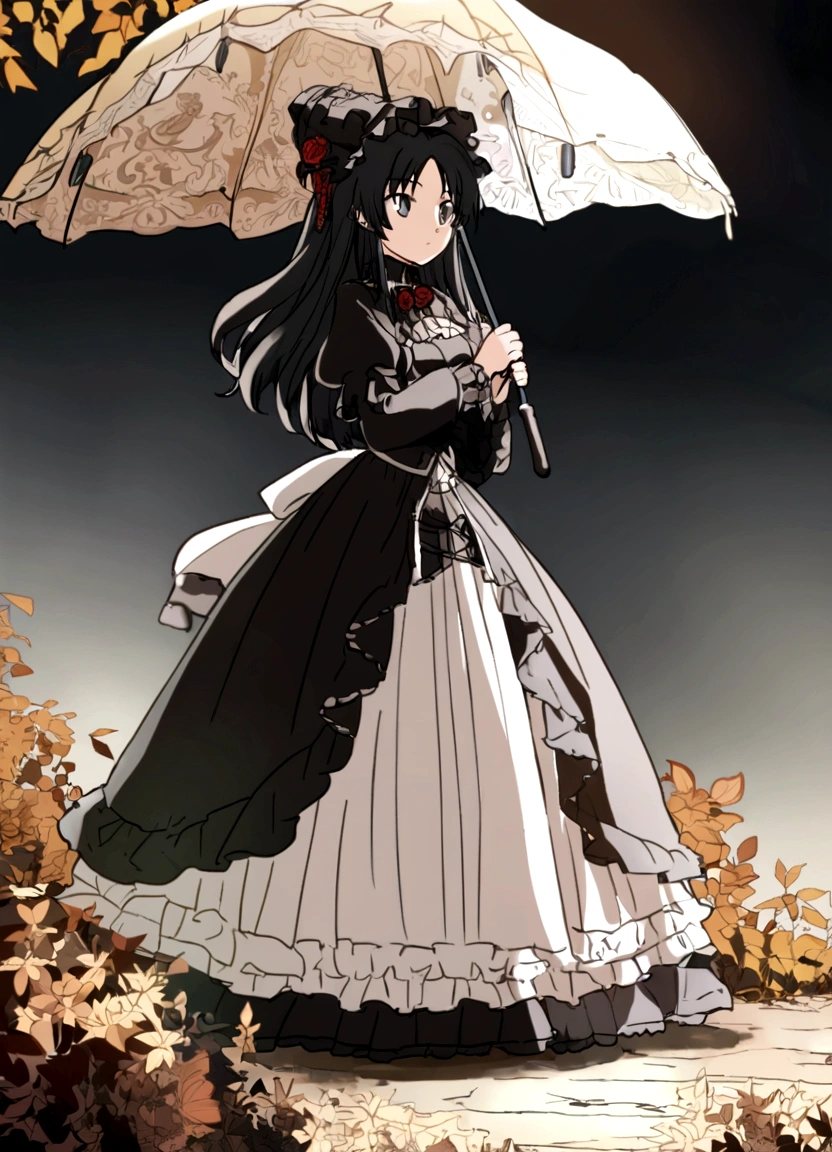 (Super meticulous),(full bodyesbian:1.2), 1girl, araffe dressed in a victorian dress and hat holding an umbrella, dressed with long fluent clothes, victorian gothic lolita fashion, lolita style, lovely dark autumn princess, victorian style costume, japanese clothes, victorian inspired clothing, anime girl wearing a black dress, victorian dress, anime girl cosplay, style anime, black gothic lolita dress, gothic maiden anime girl, romantic dress, ,(Beautiful and delicate eyes)