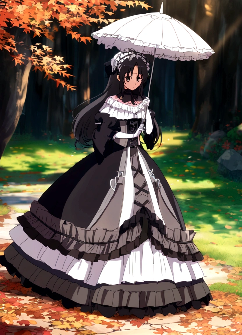 (Super meticulous),(full bodyesbian:1.2), 1girl, araffe dressed in a victorian dress and hat holding an umbrella, dressed with long fluent clothes, victorian gothic ta fashion, lolityle, lovely dark autumn princess, victorian style costume, japanese clothes, victorian inspired clothing, anime girl wearing a black dress, victorian dress, anime girl cosplay, style anime, black gothic lolita d, gothic maiden anime girl, romantic dress, ,(Beautiful and delicate eyes)