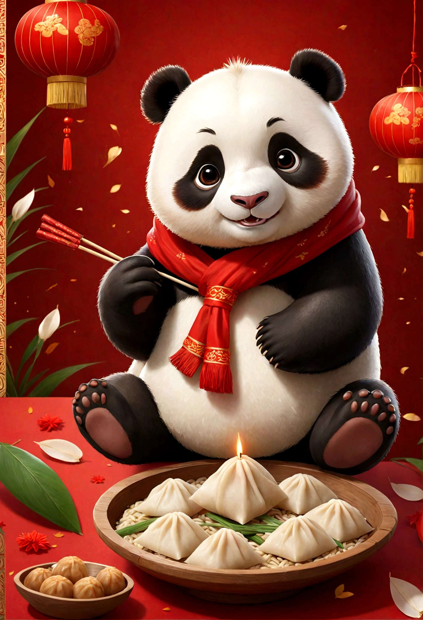 panda,zongzi,Chinese New Year,traditional,food,cute,adorable,red scarf,lanterns,firecrackers,decorations,festive,joyful,celebratory,Chinese culture, dumpling, rice cake,good luck,happiness,expression,background',