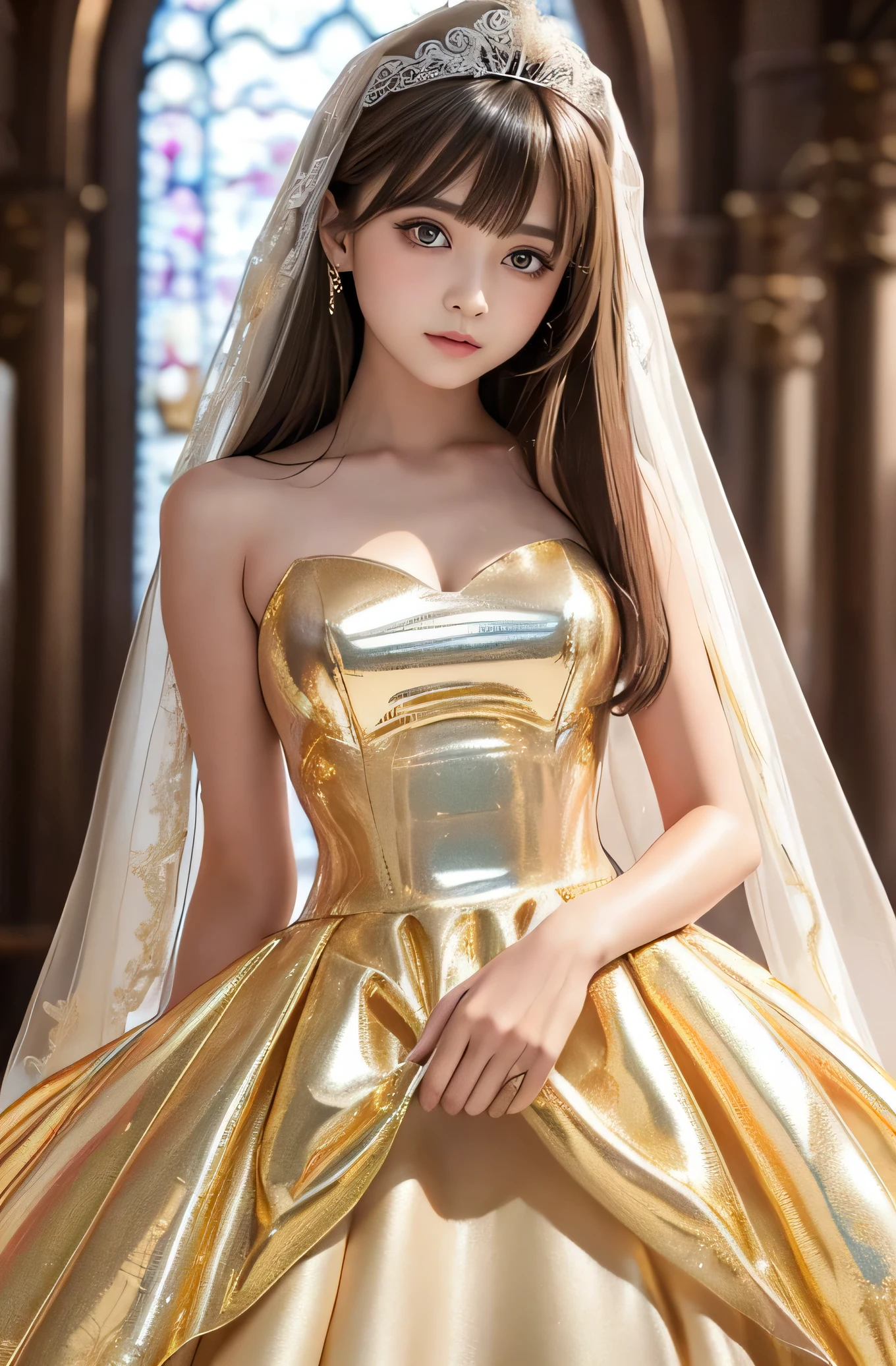 Angelic Very beautiful cute girl,
,
Beautiful detailed eyes,
Detailed double eyelids,
(Large eyes:1.4),
Long straight brown hair,
see-through bangs,
Sharp Focus,
small straight nose,
beautiful detailed face and eyes,
drooping eyes,
(Soft Saturation: 1.3),
(Fair skin: 1.2),
BREAK (hyper gorgeous and very beautiful shiny metallic gold wedding dress :1.5),(designer brand wacky beautiful dress:1.3),
Costume lighting,(body shot:1.2),standing ,church ,very beautiful stained glass window ,
Costume lighting,(clear-eyed:1.3)