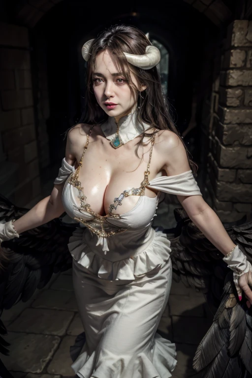 masterpiece, best quality, High resolution, All 1, devil horns, Slit pupil, White gloves, White Dress, Bare shoulders, Separate collar, (((Full breasts)))(((Cleavage))),((Huge teardrop chest, Huge breasts))Perfect body, Black Wings, wing, Low Wing, Cowboy shooting, permanent, Dungeons, Evil smile, Lend a helping hand, Open your arms, Stretch out your arms,