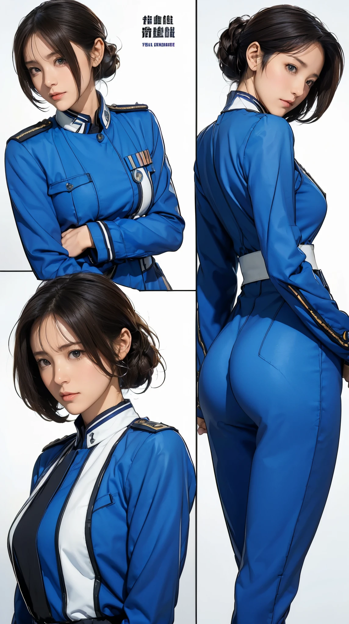 ((masterpiece)),(((highest quality))),((Reference Sheet, Character Design, front, return, ~ ~ side, Mr..々Hairstyle, Mr..々Performance, Facial Expressions)), 14-year-old girl, Cute type, (Very slim:1.4), (Very small ass:1.4), Realistic buttocks, (Medium bust:1.4), Brown hair in a ponytail，Thin thighs, Long legs, It's not a big deal,(A female Earth Federation officer is walking), (Wearing Earth Federation military uniform, White and blue military uniform),(Worn by federal government employees&#39;White Hat:1.5)