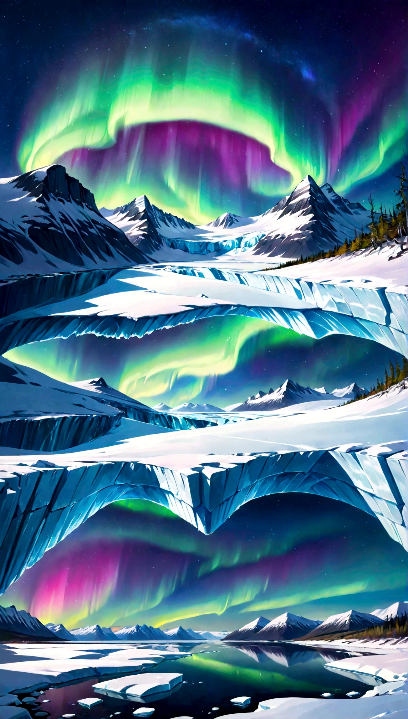 mesmerizing aurora borealis over the Arctic landscape. The scene features icy glaciers and snow-covered terrain illuminated by the vibrant greens, blues, and purples of the northern lights. A clear night sky full of stars adds to the magic of the moment, reflecting on the pristine, frozen waters below.