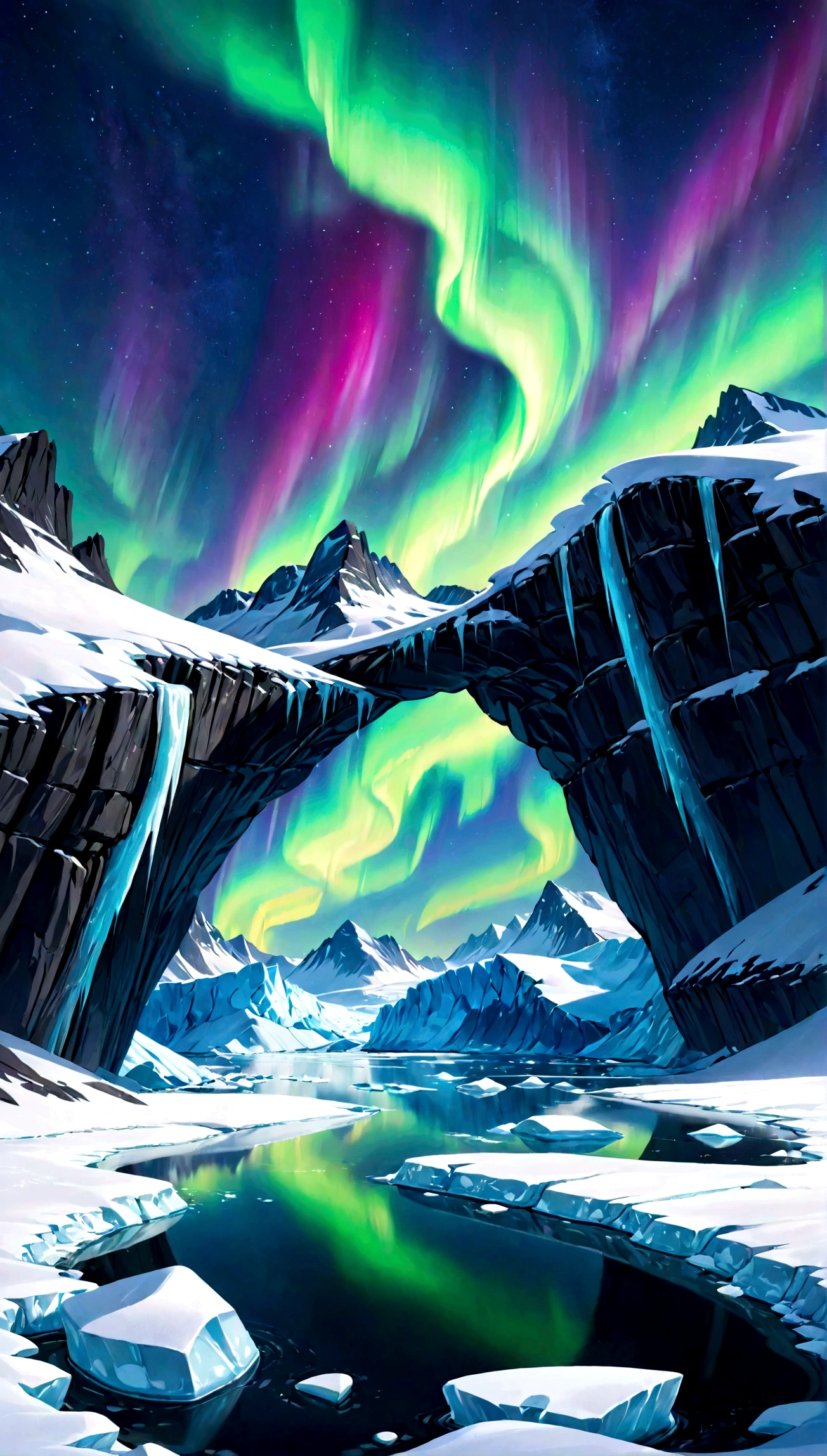  mesmerizing aurora borealis over the Arctic landscape. The scene features icy glaciers and snow-covered terrain illuminated by the vibrant greens, blues, and purples of the northern lights. A clear night sky full of stars adds to the magic of the moment, reflecting on the pristine, frozen waters below.